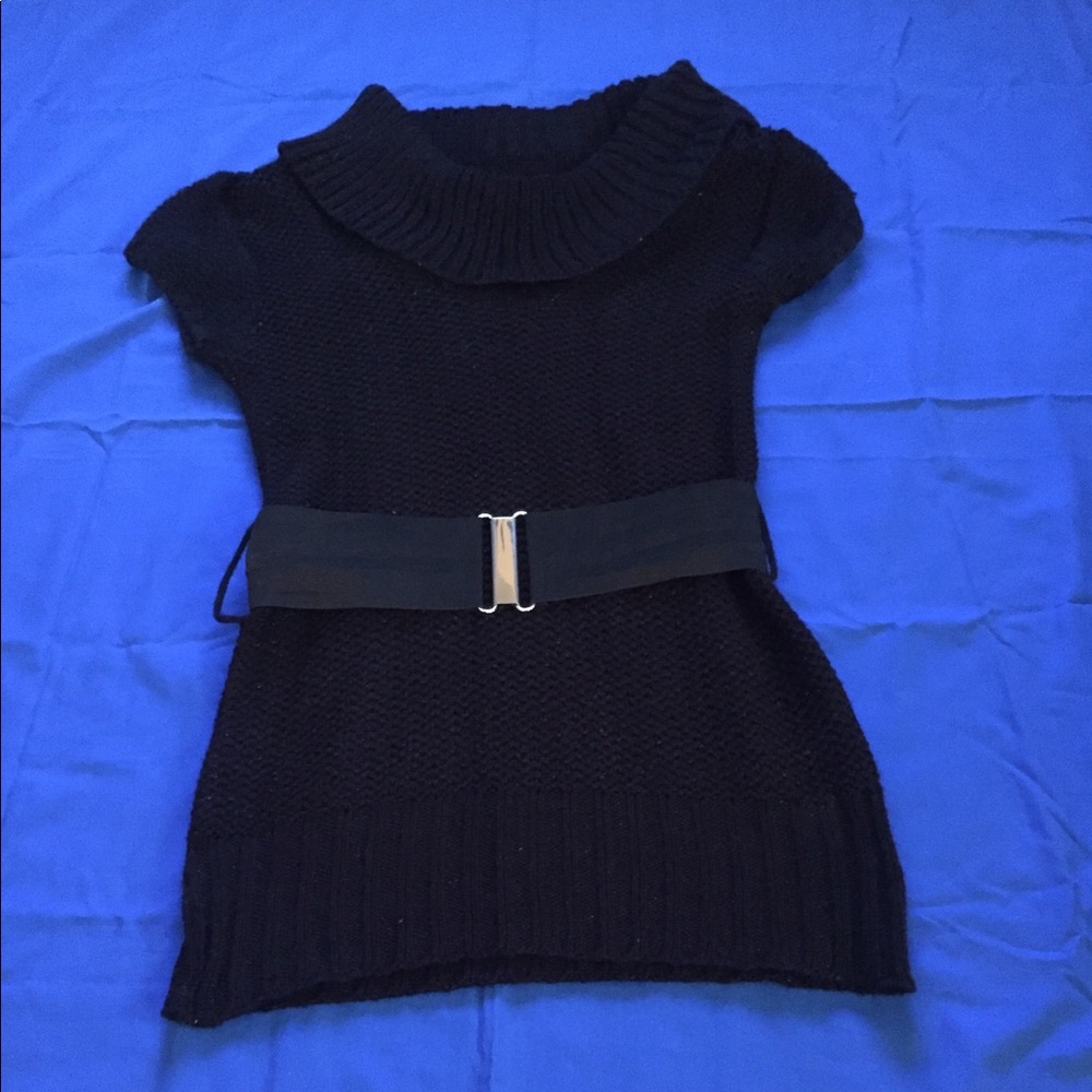 Black sparkly cowneck top with belt